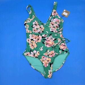 Green Floral One-Piece Swimsuit with Pink Blossoms